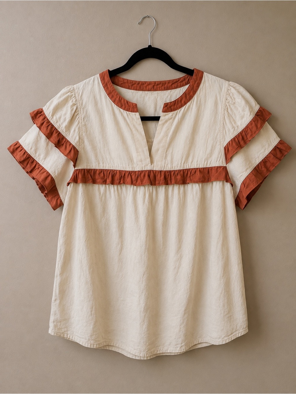 Cream Short Sleeve Ruffle Trim Tunic with Rust Accents